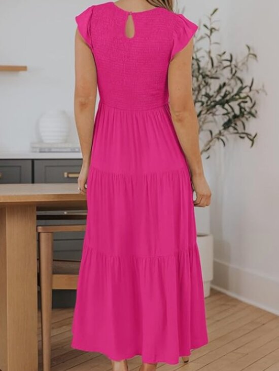 Coloody Dresses & Skirts - Coloody Fuchsia Pink Smocked Tiered Maxi Dress Flutter Sleeve Plus Size 2XL
